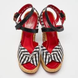 Pre Owned Dolce & Gabbana Black/White Checkered Fabric Ankle Wrap Wedge Sandals Size 38.5