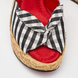 Pre Owned Dolce & Gabbana Black/White Checkered Fabric Ankle Wrap Wedge Sandals Size 38.5