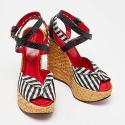 Pre Owned Dolce & Gabbana Black/White Checkered Fabric Ankle Wrap Wedge Sandals Size 38.5