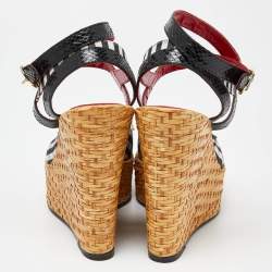 Pre Owned Dolce & Gabbana Black/White Checkered Fabric Ankle Wrap Wedge Sandals Size 38.5