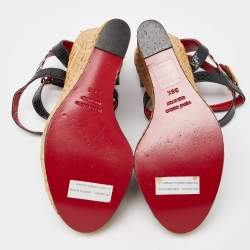 Pre Owned Dolce & Gabbana Black/White Checkered Fabric Ankle Wrap Wedge Sandals Size 38.5