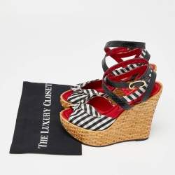 Pre Owned Dolce & Gabbana Black/White Checkered Fabric Ankle Wrap Wedge Sandals Size 38.5