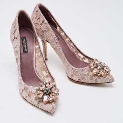 Pre Owned Dolce & Gabbana Purple Lace Crystal Embellishments Pointed Toe Pumps Size 39