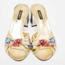 Pre Owned Dolce & Gabbana Gold Leather Knot Detail Mirrored Heel Slide Sandals Size 38