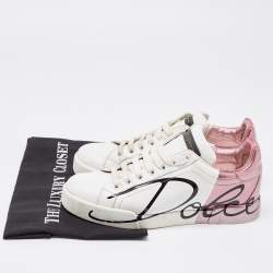 Pre Owned Dolce & Gabbana White/Mauve Leather Portofino Low Top Sneakers Size 38.5