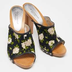 Dolce & Gabbana Mukticolor Floral Canvas and Leather Block Heel Mules Size 38