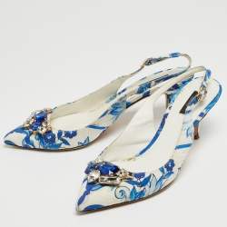 Pre Owned Dolce & Gabbana White/Blue Lurex Crystal Embellished Slingback Pumps Size 40