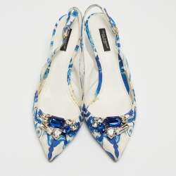 Pre Owned Dolce & Gabbana White/Blue Lurex Crystal Embellished Slingback Pumps Size 40
