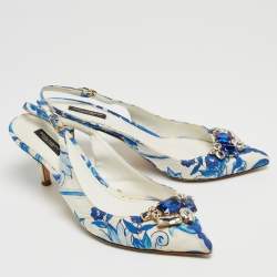 Pre Owned Dolce & Gabbana White/Blue Lurex Crystal Embellished Slingback Pumps Size 40