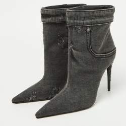 Pre Owned Dolce & Gabbana Grey Distressed Denim Pointed Toe Ankle Boots Size 37.5