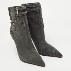 Pre Owned Dolce & Gabbana Grey Distressed Denim Pointed Toe Ankle Boots Size 37.5