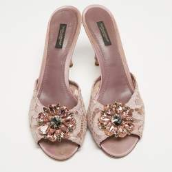 Pre Owned Dolce & Gabbana Purple Lace Crystal Embellished Slide Sandals Size 41