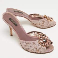 Pre Owned Dolce & Gabbana Purple Lace Crystal Embellished Slide Sandals Size 41