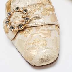 Pre Owned Dolce & Gabbana Gold Brocade Fabric Logo Slide Mules Size 36.5