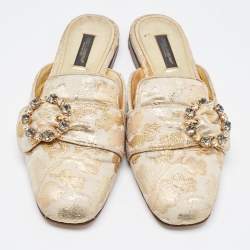 Pre Owned Dolce & Gabbana Gold Brocade Fabric Logo Slide Mules Size 36.5