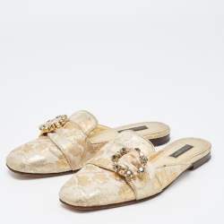Pre Owned Dolce & Gabbana Gold Brocade Fabric Logo Slide Mules Size 36.5