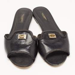 مملوكة مسبقًا Dolce & Gabbana Black Lizard Embossed Leather Sofia Slides Size 38