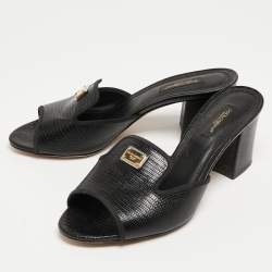 Pre Owned Dolce & Gabbana Black Lizard Embossed Leather Block Heel Mules Size 37.5