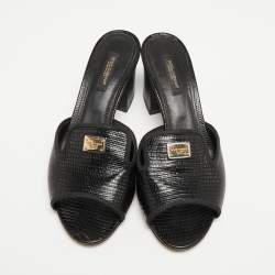 Pre Owned Dolce & Gabbana Black Lizard Embossed Leather Block Heel Mules Size 37.5