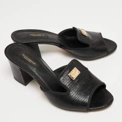 Pre Owned Dolce & Gabbana Black Lizard Embossed Leather Block Heel Mules Size 37.5