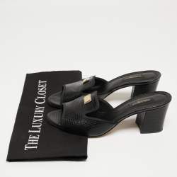 Pre Owned Dolce & Gabbana Black Lizard Embossed Leather Block Heel Mules Size 37.5