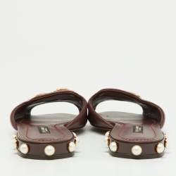 Pre Owned Dolce & Gabbana Burgundy Leather DG Amore Logo Embellished Flat Slides Size 37