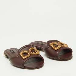 Pre Owned Dolce & Gabbana Burgundy Leather DG Amore Logo Embellished Flat Slides Size 37