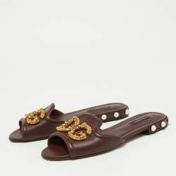 Pre Owned Dolce & Gabbana Burgundy Leather DG Amore Logo Embellished Flat Slides Size 37