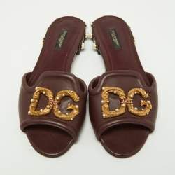 Pre Owned Dolce & Gabbana Burgundy Leather DG Amore Logo Embellished Flat Slides Size 37