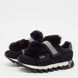 Pre Owned Dolce & Gabbana Black Mesh and Fur Low Top Sneakers Size 39