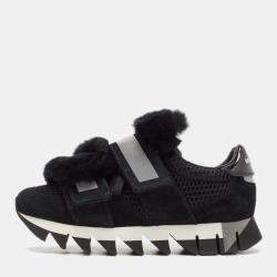 Pre Owned Dolce & Gabbana Black Mesh and Fur Low Top Sneakers Size 39