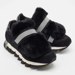 Pre Owned Dolce & Gabbana Black Mesh and Fur Low Top Sneakers Size 39
