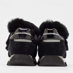 Pre Owned Dolce & Gabbana Black Mesh and Fur Low Top Sneakers Size 39