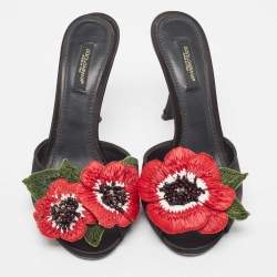 Pre Owned Dolce & Gabbana Black Satin Floral Applique Slide Sandals Size 37.5