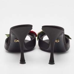 Pre Owned Dolce & Gabbana Black Satin Floral Applique Slide Sandals Size 37.5
