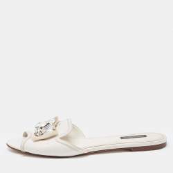 Pre Owned Dolce & Gabbana White Lizard Embossed Leather Crystal Embellished Bow Flat Slides Size 40.5