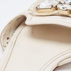 Pre Owned Dolce & Gabbana White Lizard Embossed Leather Crystal Embellished Bow Flat Slides Size 40.5