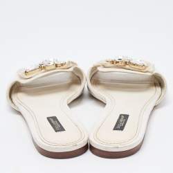 Pre Owned Dolce & Gabbana White Lizard Embossed Leather Crystal Embellished Bow Flat Slides Size 40.5