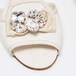 Pre Owned Dolce & Gabbana White Lizard Embossed Leather Crystal Embellished Bow Flat Slides Size 40.5
