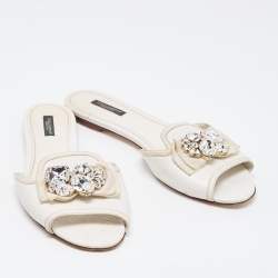 Pre Owned Dolce & Gabbana White Lizard Embossed Leather Crystal Embellished Bow Flat Slides Size 40.5