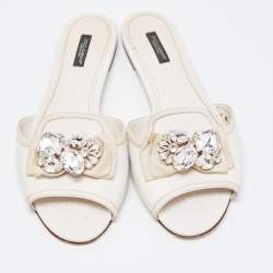 Pre Owned Dolce & Gabbana White Lizard Embossed Leather Crystal Embellished Bow Flat Slides Size 40.5