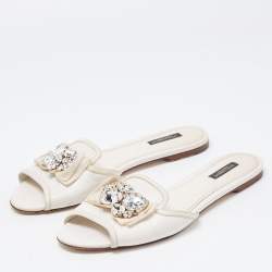 Pre Owned Dolce & Gabbana White Lizard Embossed Leather Crystal Embellished Bow Flat Slides Size 40.5