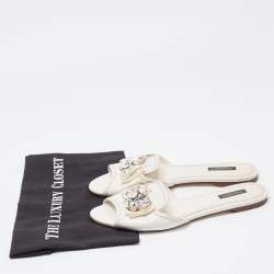 Pre Owned Dolce & Gabbana White Lizard Embossed Leather Crystal Embellished Bow Flat Slides Size 40.5