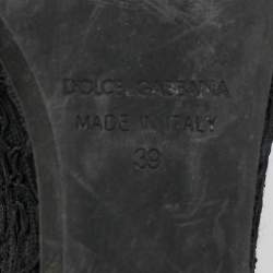Pre Owned Dolce & Gabbana Black Lace Crystal Embellished Platform Wedge Slide Sandals Size 39