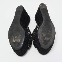 Pre Owned Dolce & Gabbana Black Lace Crystal Embellished Platform Wedge Slide Sandals Size 39