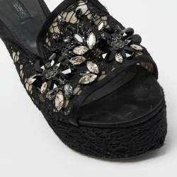 Pre Owned Dolce & Gabbana Black Lace Crystal Embellished Platform Wedge Slide Sandals Size 39