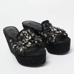 Pre Owned Dolce & Gabbana Black Lace Crystal Embellished Platform Wedge Slide Sandals Size 39