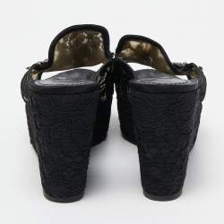 Pre Owned Dolce & Gabbana Black Lace Crystal Embellished Platform Wedge Slide Sandals Size 39
