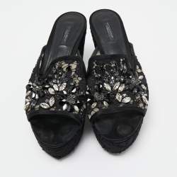Pre Owned Dolce & Gabbana Black Lace Crystal Embellished Platform Wedge Slide Sandals Size 39