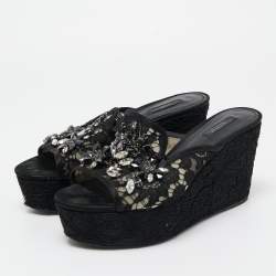 Pre Owned Dolce & Gabbana Black Lace Crystal Embellished Platform Wedge Slide Sandals Size 39